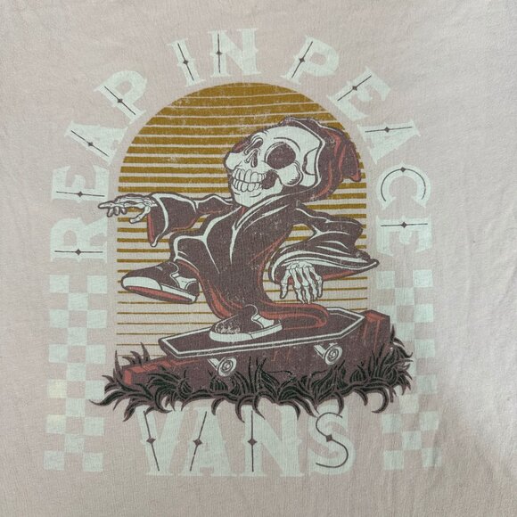 Vans Reap In Peace Graphic Tee Womens S Skeleton Skateboard Print Beige T Shirt - Picture 4 of 4